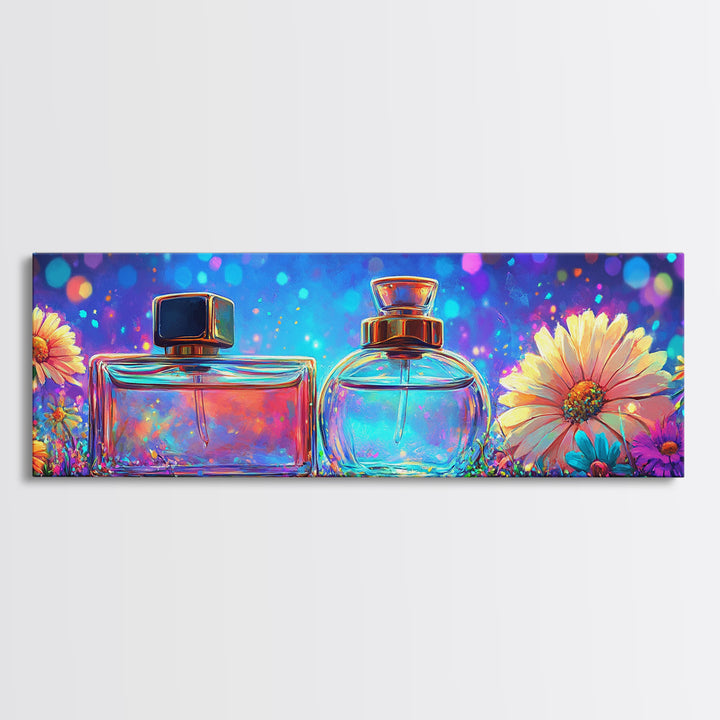 Glowing Perfume Bottles And Daisy Flowers Framed Canvas Print, Feminine Wall Art, Beauty Room Decor, Gift For Her, Vanity Decor