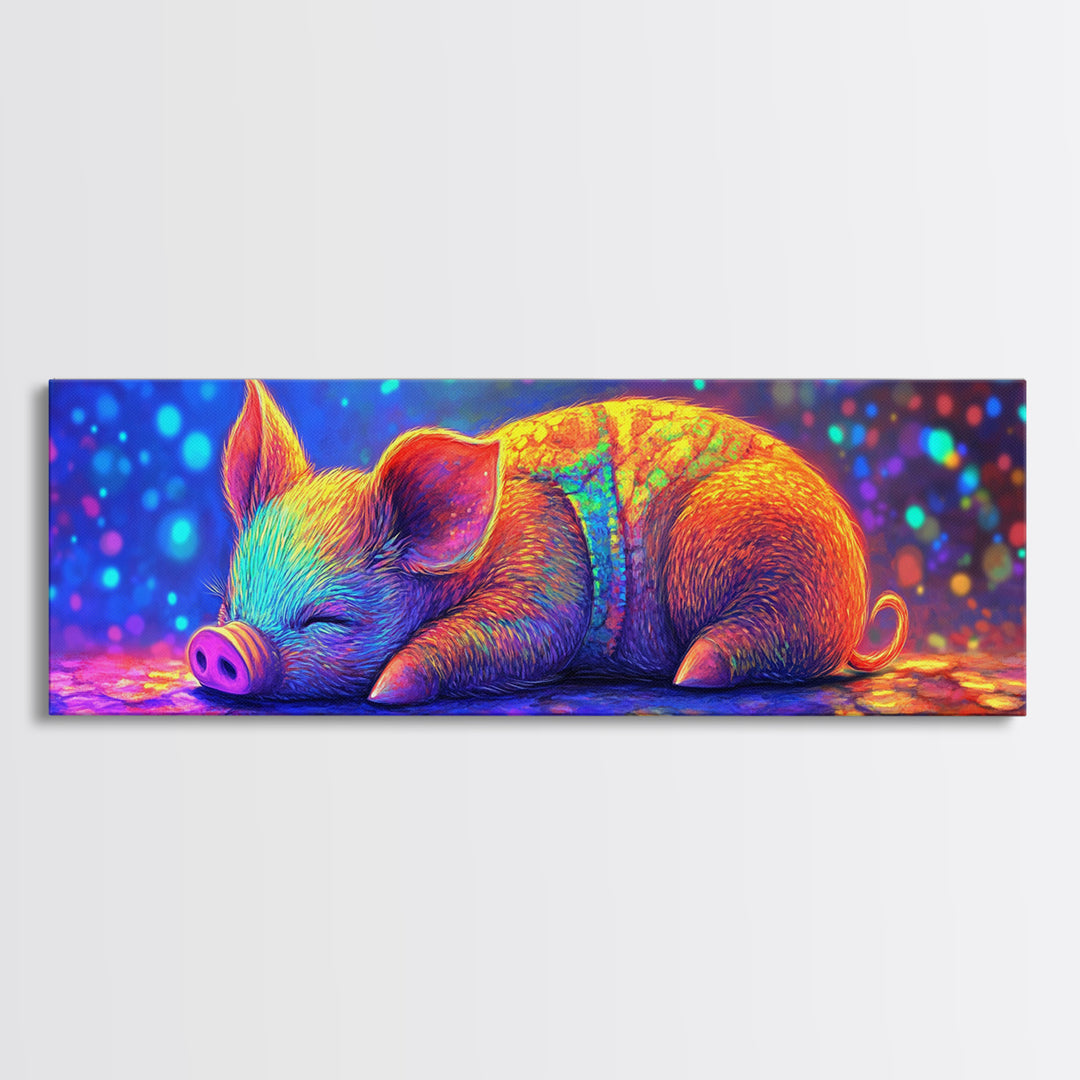 Sleeping Piglet In Rainbow Light Canvas Print, Cute Animal Wall Art, Nursery Decor, Farm Animal Art, Kids Room Wall Decor