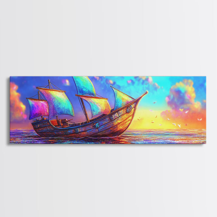 Colorful Fantasy Sailboat At Sunset Canvas Print, Nautical Coastal Wall Art, Ocean Landscape Decor, Beach House Gift Idea