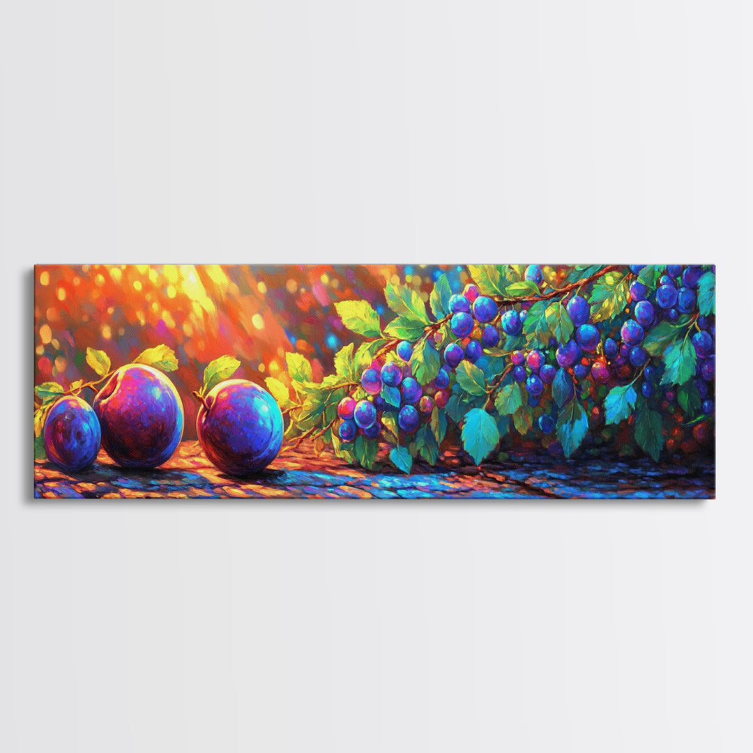 Sunlit Plums And Grapes Wall Art, Vibrant Fruit Canvas Print For Kitchen Decor, Winery Decor And Rustic Country Decor And Dining Room Prints