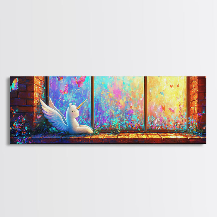 Sleeping Winged Unicorn On Window Sill Framed Canvas Print, Fantasy Wall Art, Butterfly Nursery Decor, Whimsical Gift For Her