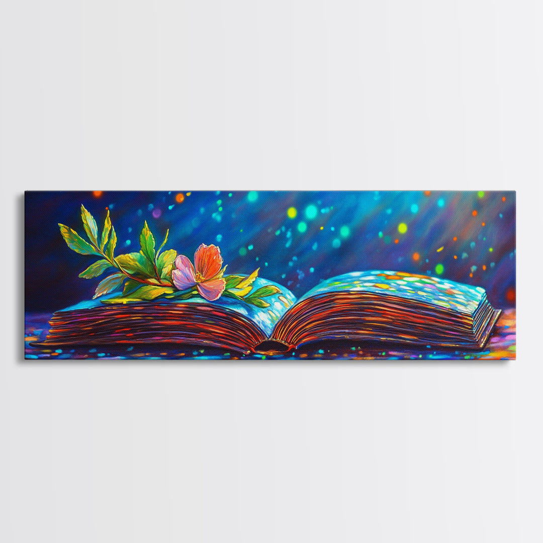 Magical Open Book With Flower Wall Art, Literary Canvas Print, Book Lover Decor, Cozy Library Reading Nook Decor Gift For Her