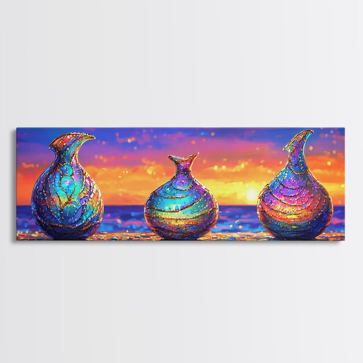 Iridescent Glass Vases At Ocean Sunset Framed Canvas Print, Coastal Wall Art, Colorful Still Life, Beach House Decor Gift