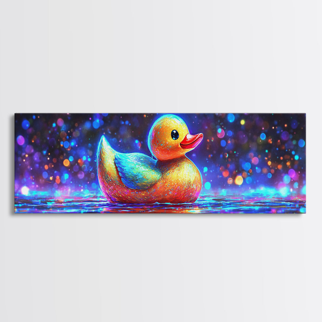 Rainbow Rubber Duck On Sparkling Water Wall Art, Whimsical Bathroom Decor, Kids Room Art, Cute Animal Canvas Print, Gift For Kids