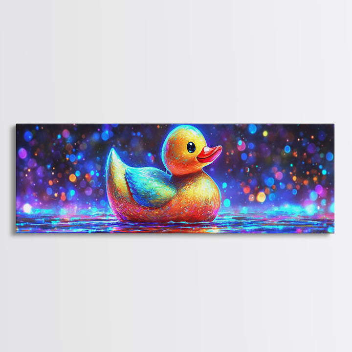 Rainbow Rubber Duck On Sparkling Water Wall Art, Whimsical Bathroom Decor, Kids Room Art, Cute Animal Canvas Print, Gift For Kids