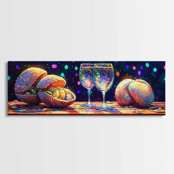 Iridescent Seashells And Wine Glasses Canvas Print, Coastal Kitchen Wall Art, Beach House Decor, Dining Room Print, Gift For Her