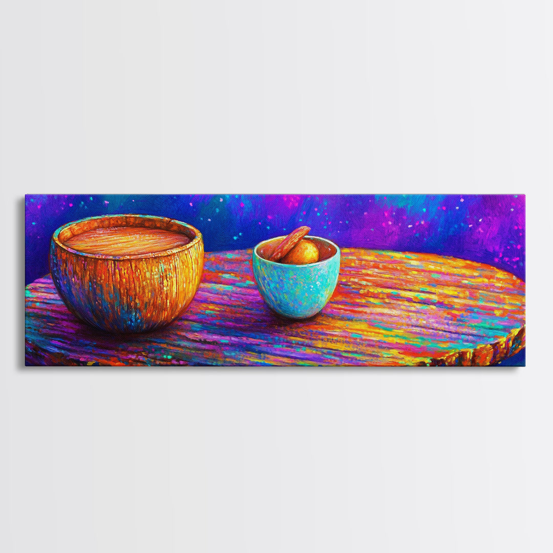 Rainbow Wooden Table And Bowls Canvas Print, Colorful Still Life Wall Art, Modern Kitchen Decor, Dopamine Dining Room Print