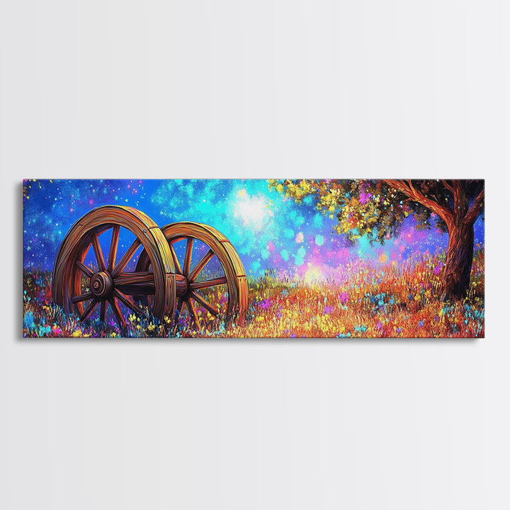 Starry Meadow Wagon Wheels Framed Canvas Print, Rustic Country Wall Art, Whimsical Landscape Decor, Farmhouse Home Gift