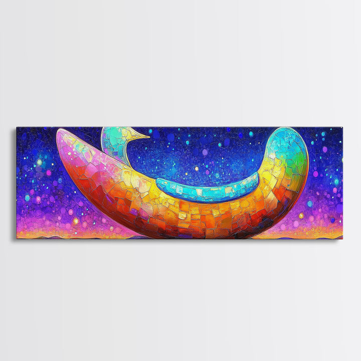 Rainbow Crescent Moon Bird Wall Art, Whimsical Celestial Canvas Print, Colorful Nursery Decor, Dreamy Kids Room Gift, Baby Shower Gift