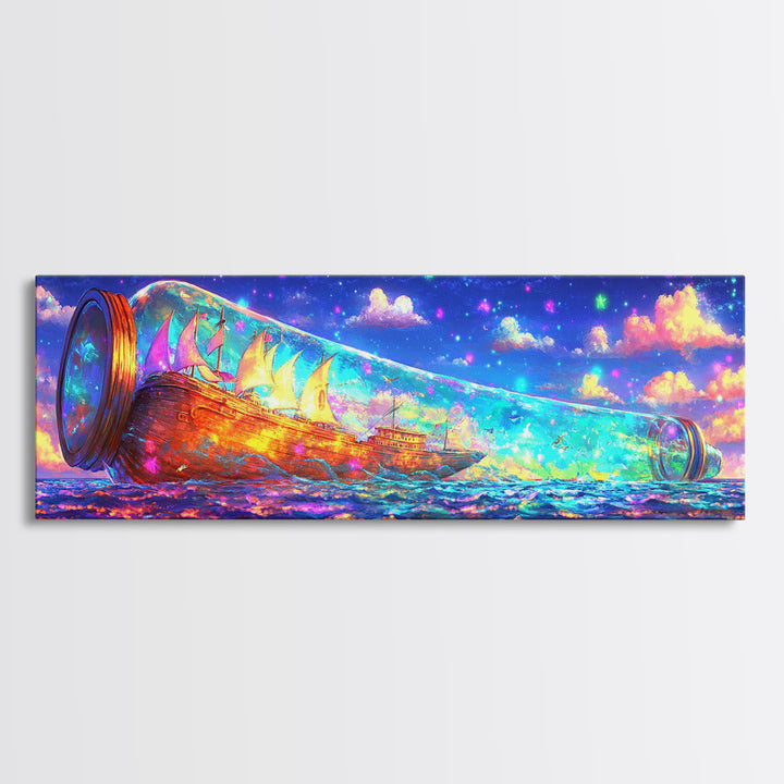 Glowing Message Bottle At Starry Sea Canvas Print, Fantasy Wall Art, Ocean Decor, Nautical Print, Whimsical Coastal Gift
