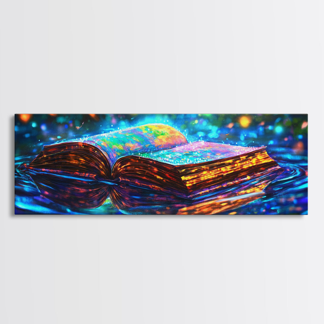Glowing Open Book On Moonlit Water Canvas Print, Fantasy Wall Art, Library Decor, Book Lover Gift, Magical Reading Nook Art