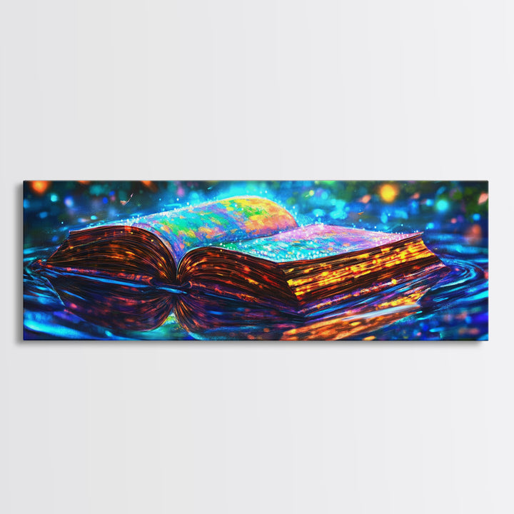 Glowing Open Book On Moonlit Water Canvas Print, Fantasy Wall Art, Library Decor, Book Lover Gift, Magical Reading Nook Art