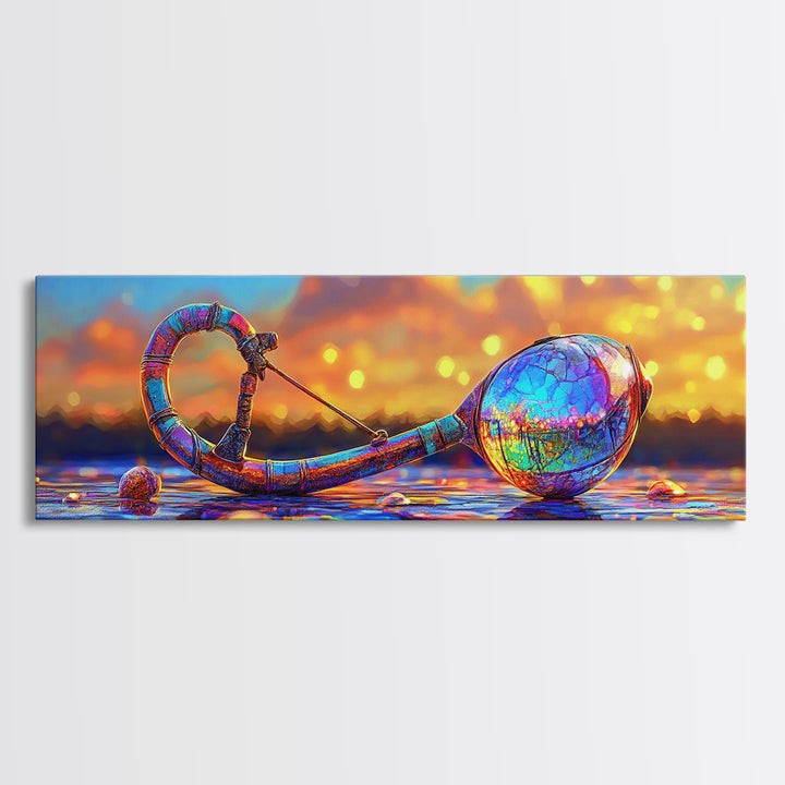 Iridescent Antique Key And Jewel Egg Wall Art, Fantasy Coastal Canvas Print For Mystical Beach House Decor And Unique Gift