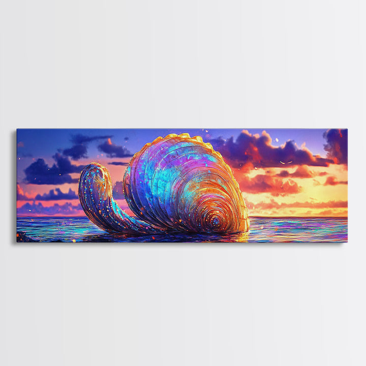 Giant Iridescent Seashell At Ocean Sunset Wall Art, Coastal Canvas Print For Beach House Living Room Decor And Nautical Gift