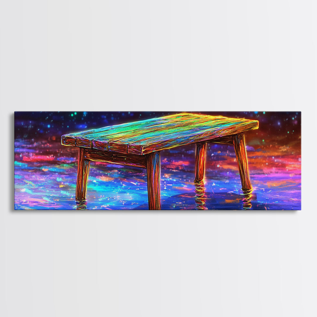 Glowing Wooden Dock Over Reflective Water Wall Art, Starry Landscape Canvas Print For Lake House Decor And Home Office Decor