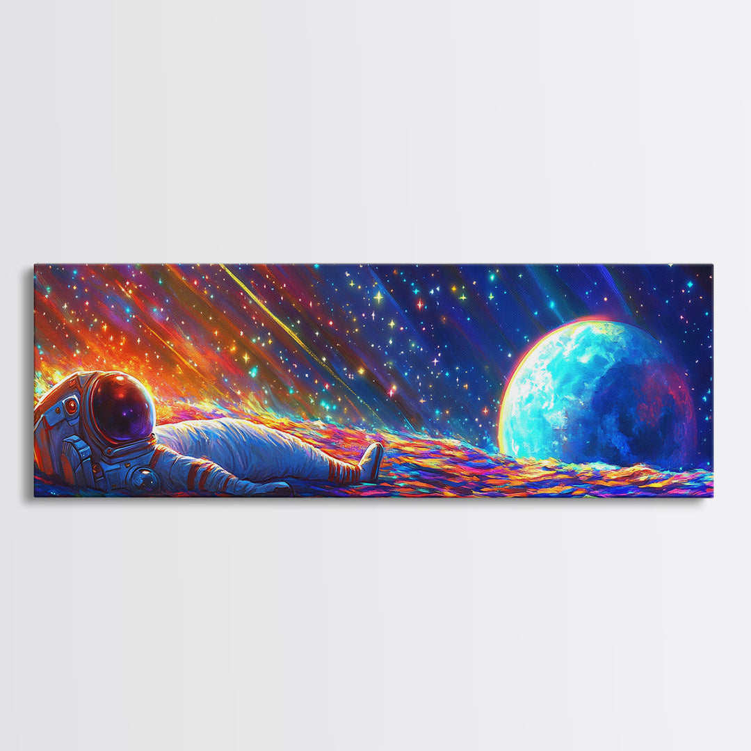Astronaut Resting On Rainbow Planet Wall Art, Sci Fi Space Canvas Print For Gaming Room Decor And Modern Futuristic Home Decor