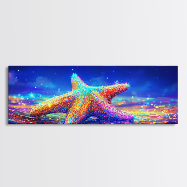 Rainbow Starfish In Moonlit Surf Canvas Print, Coastal Wall Art, Ocean Seascape Decor, Beach House Gift For Her, Summer Decor