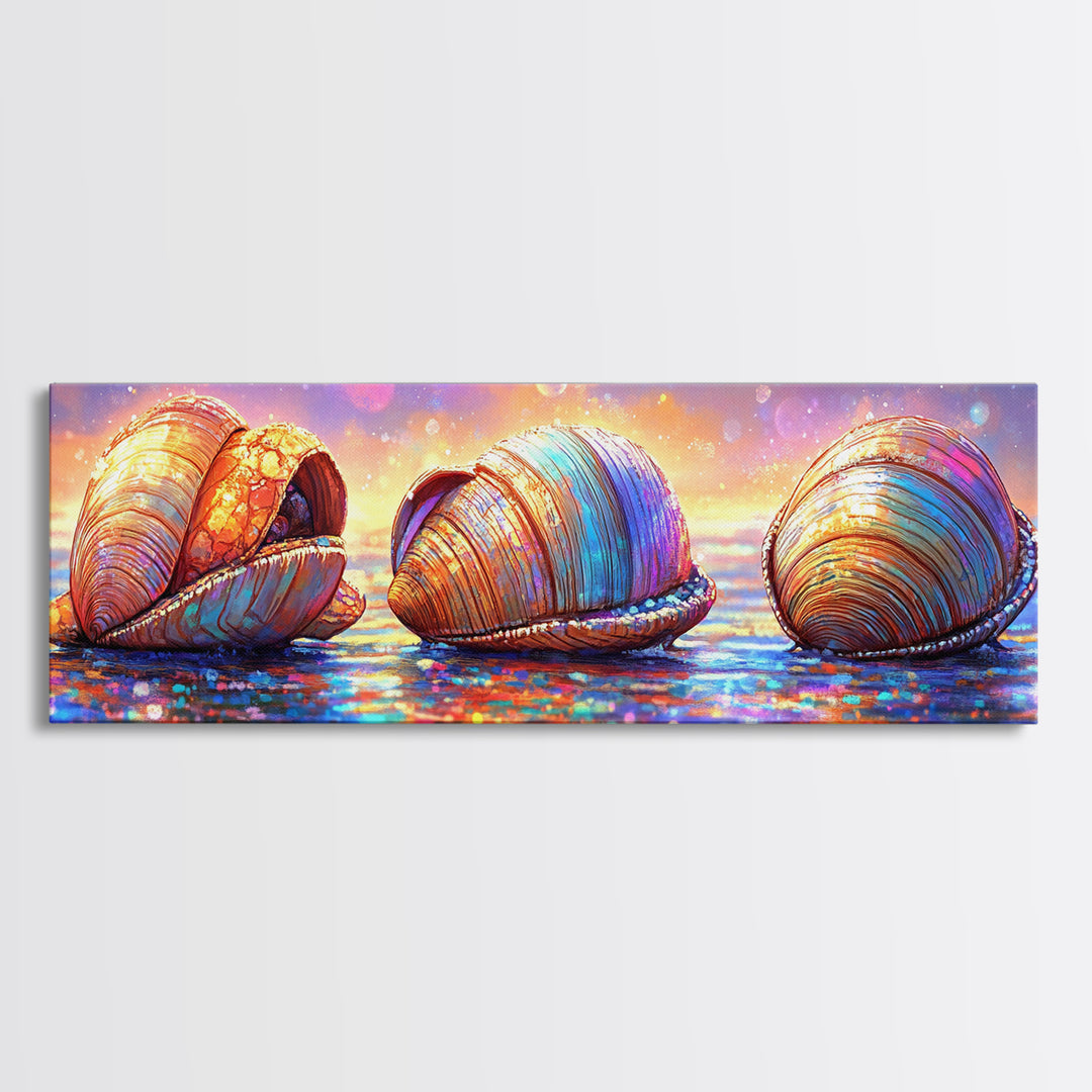 Iridescent Seashells On Sparkling Shore Wall Art, Coastal Canvas Print, Beach House Decor, Ocean Lover Gift For Her Home
