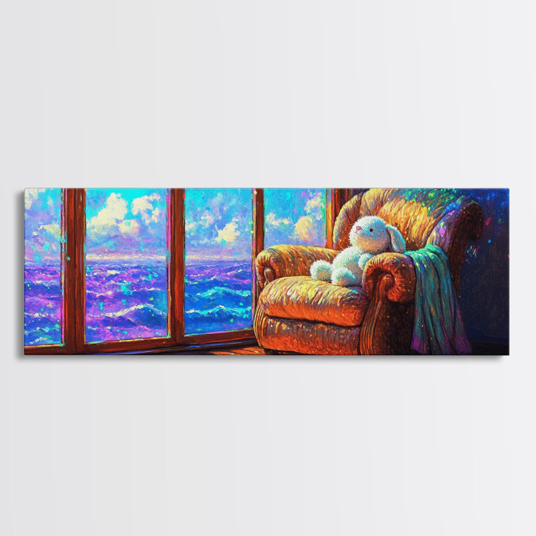 Cozy Bunny Armchair By Ocean Window Framed Canvas Print, Whimsical Nursery Wall Art, Beach House Bedroom Decor, Baby Gift