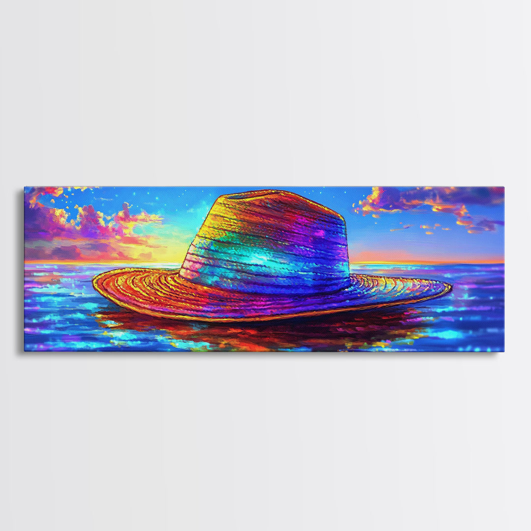 Rainbow Straw Hat Floating On Sunset Ocean Wall Art, Colorful Beach Decor, Coastal Canvas Print, Summer Vacation Poster Art
