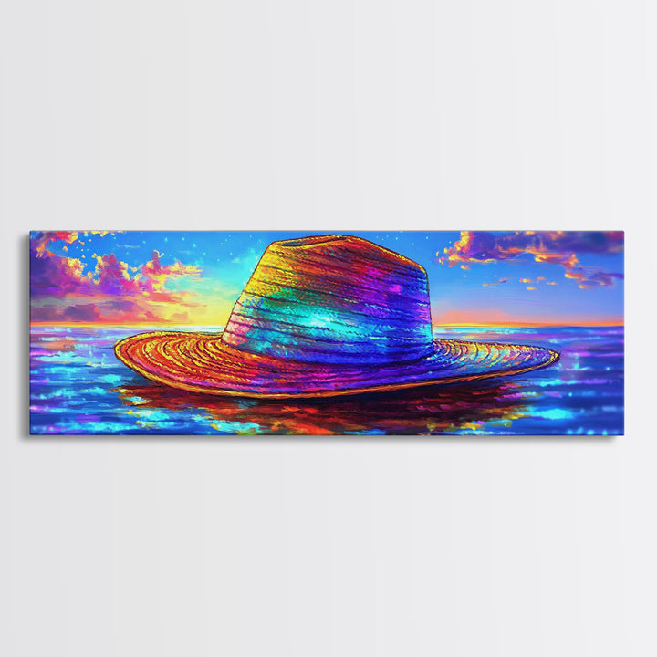 Rainbow Straw Hat Floating On Sunset Ocean Wall Art, Colorful Beach Decor, Coastal Canvas Print, Summer Vacation Poster Art
