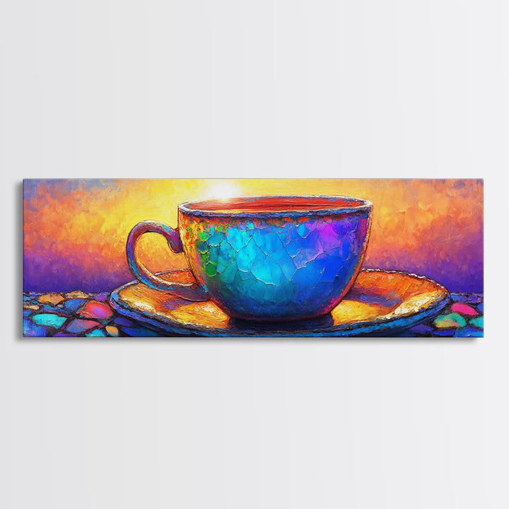 Textured Blue Teacup On Mosaic Saucer Canvas Print, Coffee Art, Kitchen Wall Art, Colorful Wall Art, Cozy Cafe Home Decor