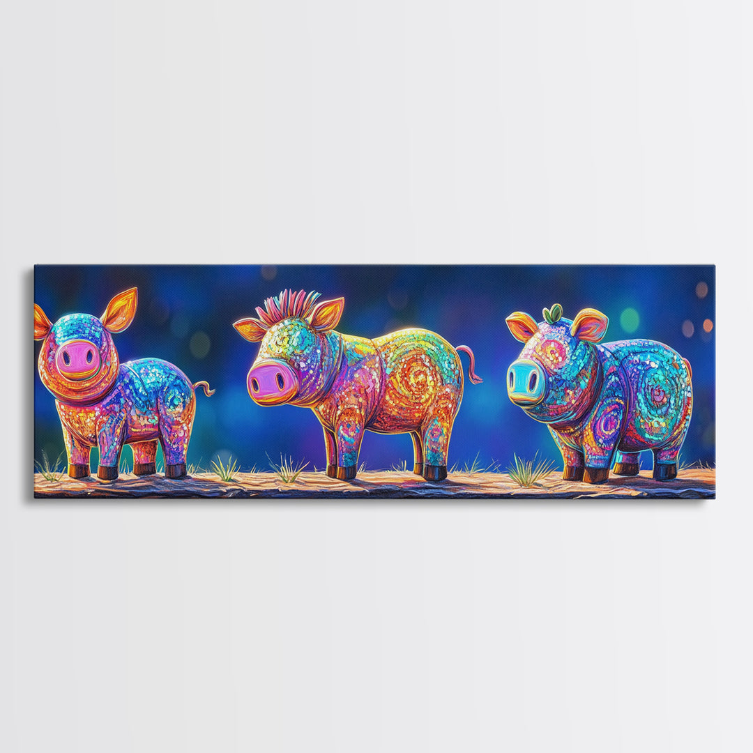 Three Rainbow Farm Animal Figures Wall Art, Colorful Animal Nursery Art, Whimsical Farmhouse Decor, Kids Room Canvas Print