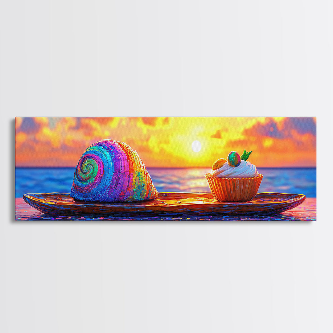 Rainbow Seashell And Cupcake At Ocean Sunset Wall Art, Coastal Kitchen Decor, Whimsical Beach House Art Print, Summer Decor