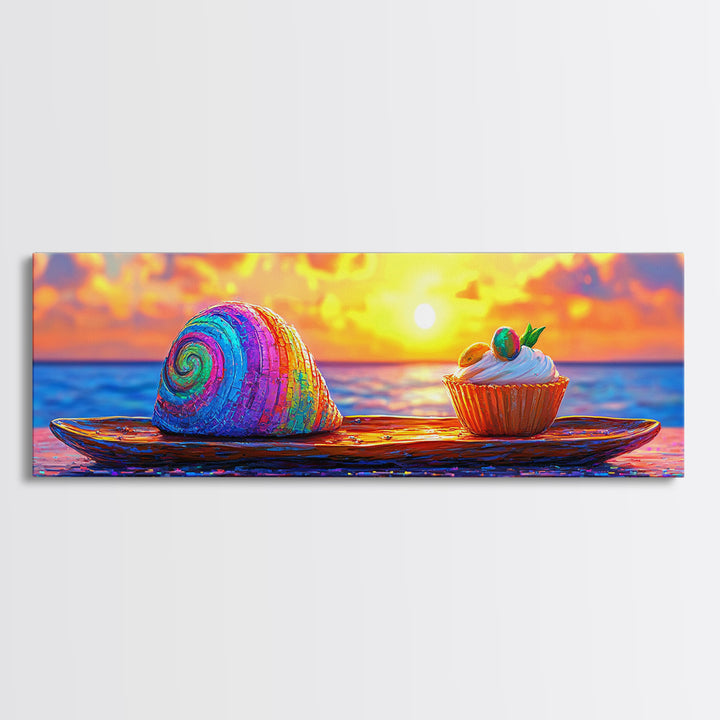 Rainbow Seashell And Cupcake At Ocean Sunset Wall Art, Coastal Kitchen Decor, Whimsical Beach House Art Print, Summer Decor
