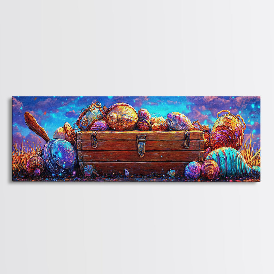 Treasure Chest With Glowing Seashells Canvas Print, Coastal Wall Art, Nautical Decor, Ocean Nursery Decor, Beach House Art