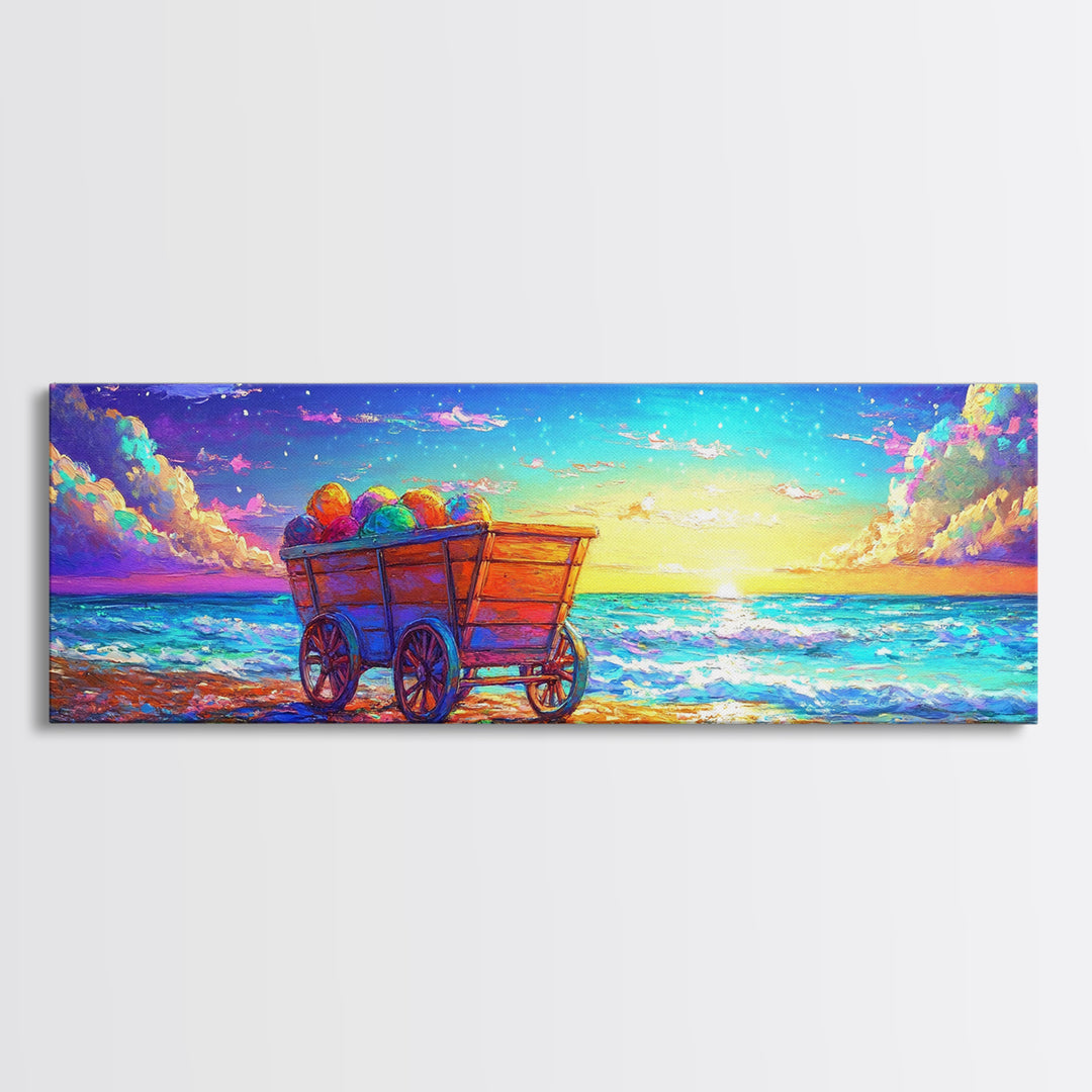 Wooden Wagon On Sunset Beach Framed Canvas Print, Coastal Wall Art, Ocean Painting, Beach House Decor, Seascape Art, Summer Home Decor