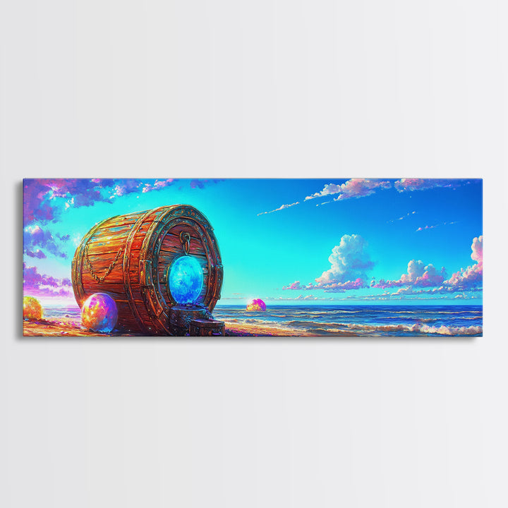 Glowing Barrel On Dreamy Seashore Framed Canvas Print, Coastal Wall Art, Beach House Decor, Surreal Ocean Wall Art, Nautical Decor