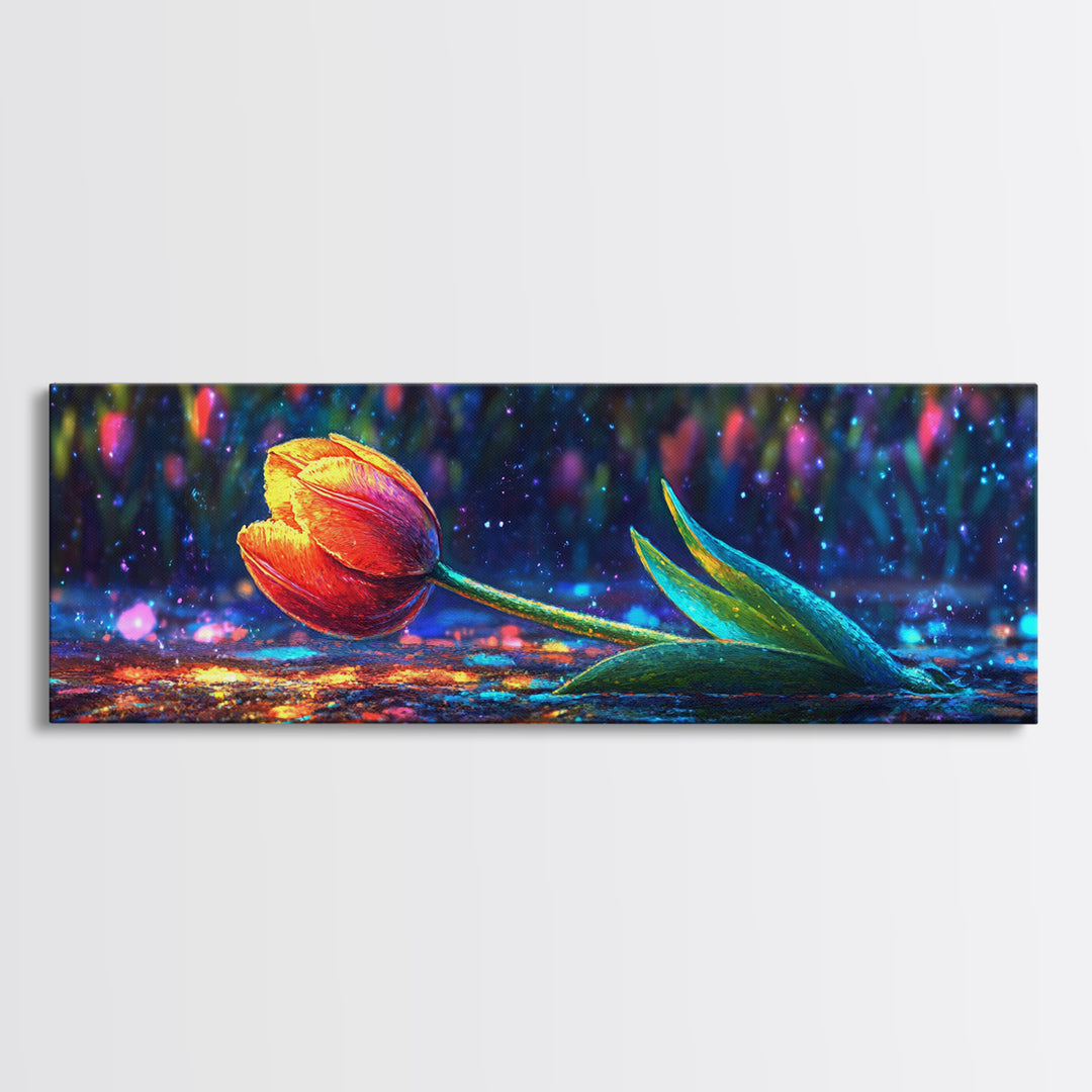 Single Orange Tulip On Glittering Rain Wall Art, Floral Wall Art, Botanical Print, Romantic Decor, Gift For Her, Bedroom Wall Decor