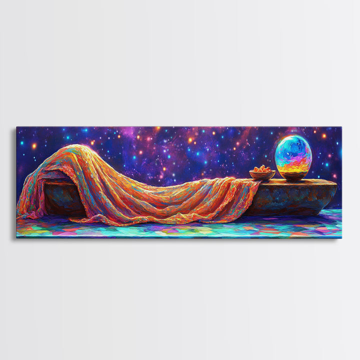 Dreamy Draped Bed Under Starry Sky Wall Art, Celestial Wall Art, Surreal Art, Whimsical Decor, Bedroom Wall Art, Modern Home Decor