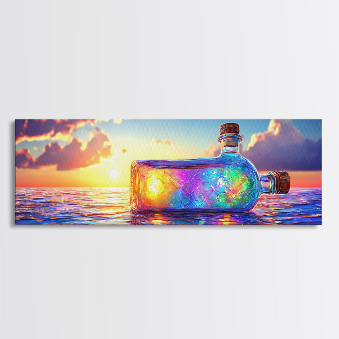 Glowing Message Bottle At Ocean Sunset Framed Canvas Print, Coastal Wall Art, Beach House Decor And Nautical Gift For Living Room