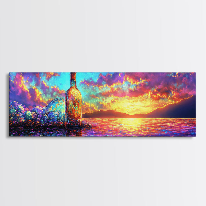 Glowing Bottle On Sunset Shore Canvas Print, Vibrant Ocean Wall Art, Coastal Beach House Decor For Living Room And Office Decor