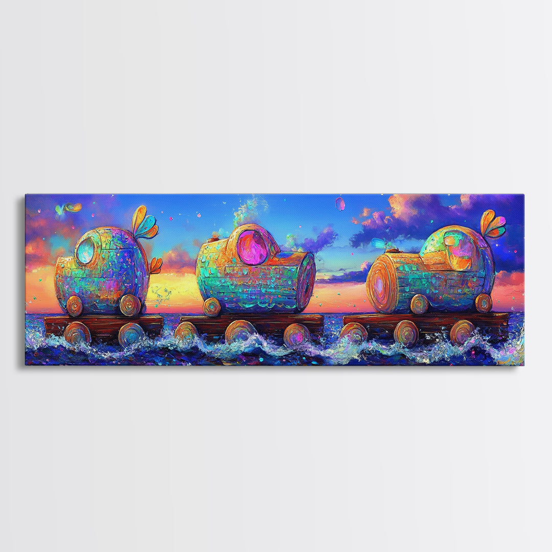 Whimsical Toy Train Rolling Through Ocean Waves Wall Art, Colorful Coastal Decor, Fantasy Nursery Art, Playroom Canvas Print
