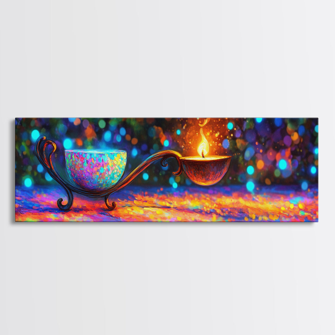Ornate Rainbow Oil Lamp With Flame Framed Canvas Print, Spiritual Wall Art, Meditation Decor, Boho Home Decor Gift, Zen Wall Decor