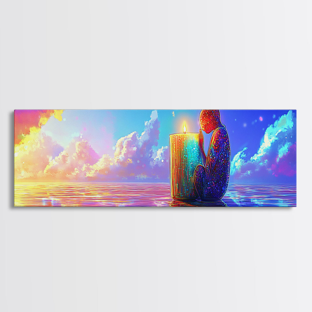 Solitary Figure Holding Candle By Sunset Sea Wall Art, Mystical Ocean Canvas Print, Spiritual Decor, Coastal Meditation Room Decor