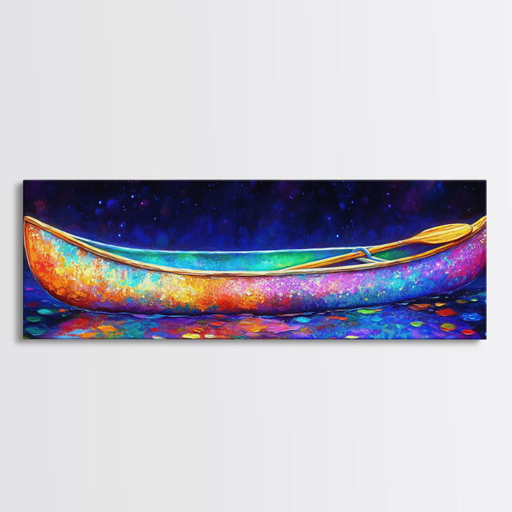 Rainbow Canoe Floating Under Starry Night Canvas Print, Nautical Wall Art, Colorful Coastal Decor, Lake House Statement Art