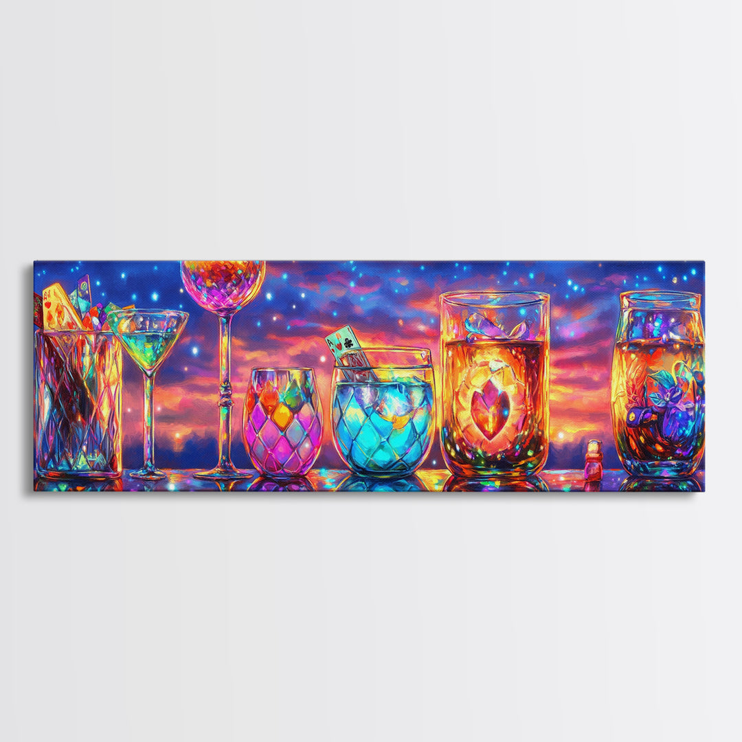 Glowing Cocktail Glasses At Twilight Wall Art, Colorful Bar Cart Canvas Print, Home Bar Decor, Martini And Wine Lover Gift