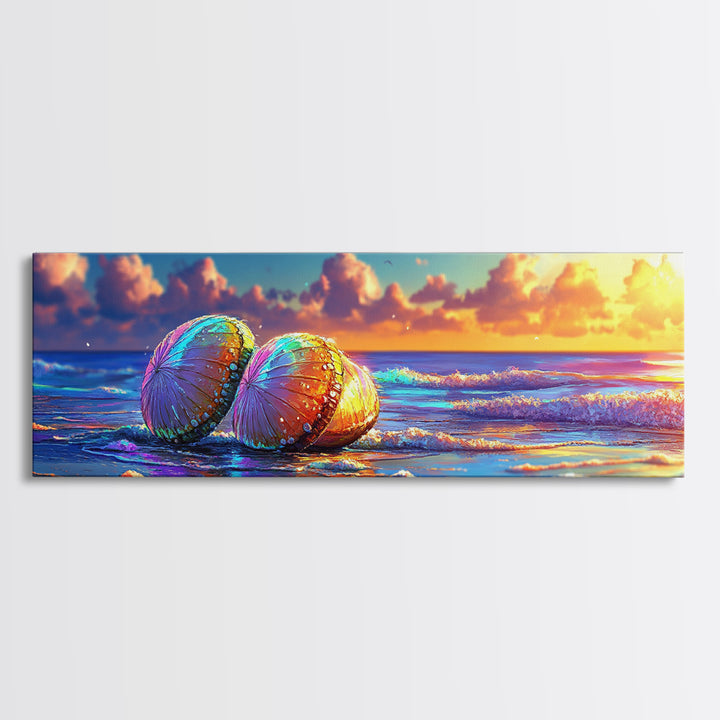 Sunlit Seashells On Ocean Shore Canvas Print, Coastal Wall Art, Beach House Decor, Nautical Seascape Living Room Decor Print