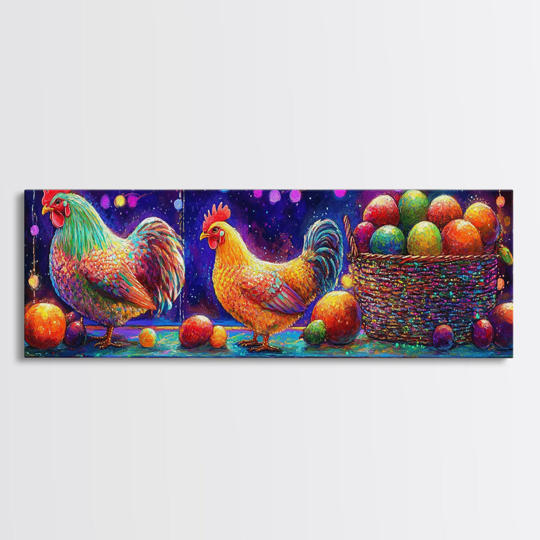 Colorful Roosters And Hen With Fruit Basket Canvas Print, Farmhouse Kitchen Wall Art, Chicken Art, Rustic Home Decor Gift