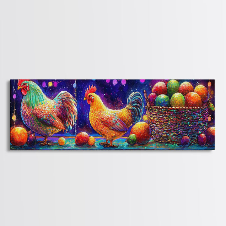 Colorful Roosters And Hen With Fruit Basket Canvas Print, Farmhouse Kitchen Wall Art, Chicken Art, Rustic Home Decor Gift