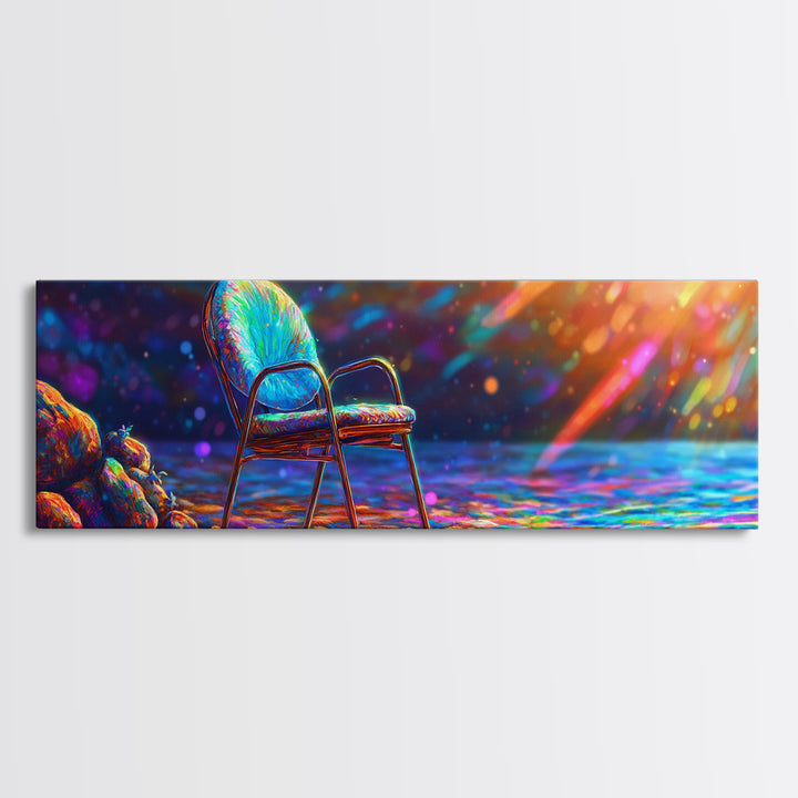 Empty Chair By Radiant Ocean Light Framed Canvas Print, Coastal Wall Art, Beach House Decor, Serene Seascape, Gift For Her
