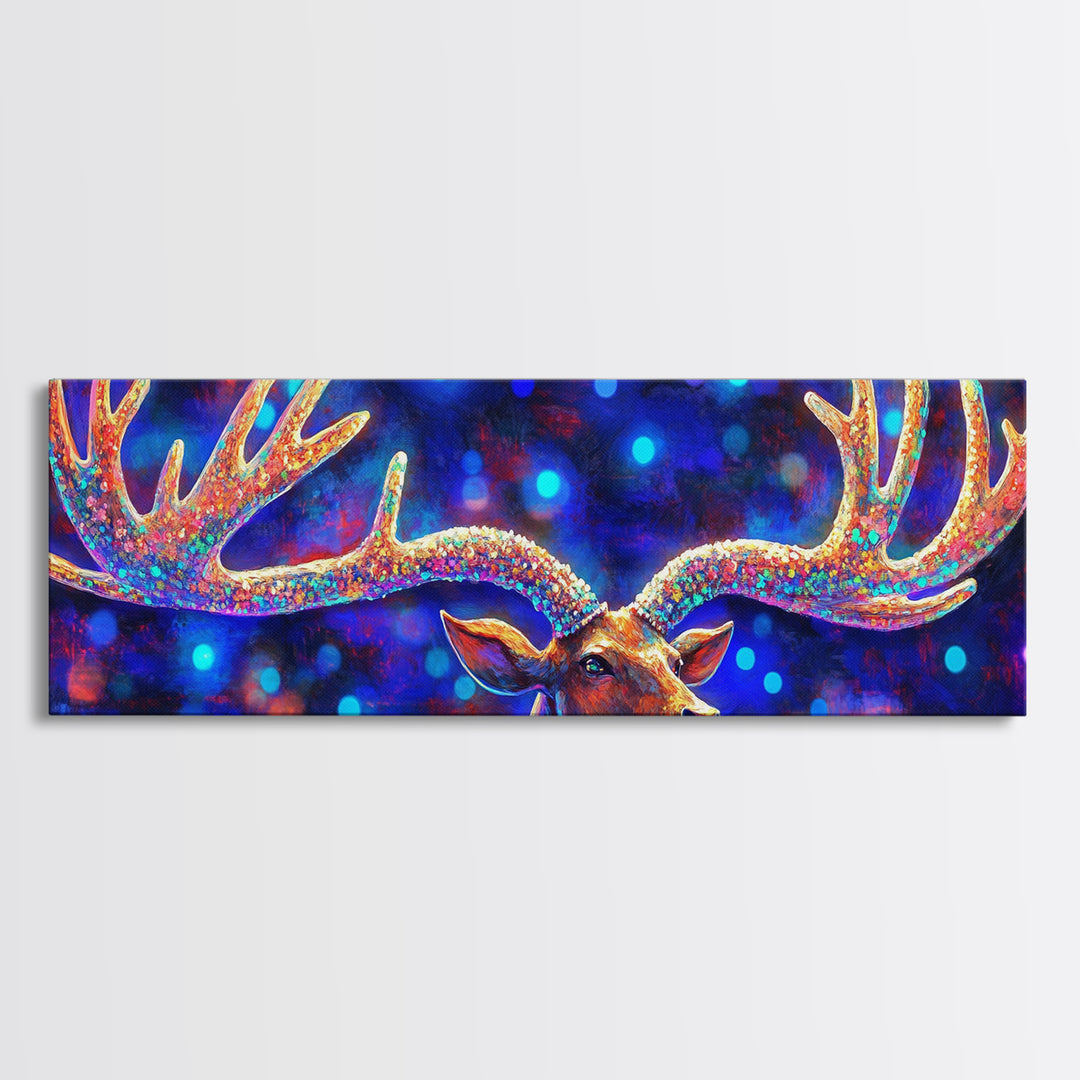 Rainbow Moose Antlers With Neon Bokeh Canvas Print, Wildlife Wall Art, Colorful Lodge Decor, Rustic Nature Housewarming Gift