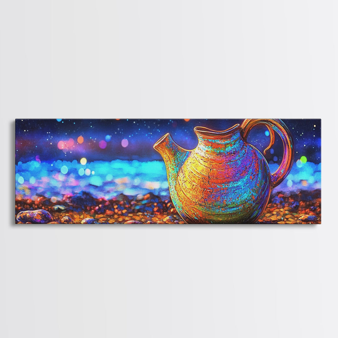 Iridescent Ceramic Pitcher Under Starry Lights Framed Canvas Print, Colorful Kitchen Wall Art, Modern Home Decor, Unique Gift