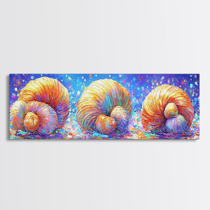 Three Radiant Seashells In Confetti Light Canvas Print, Coastal Wall Art, Beach House Decor, Nautical Bathroom Wall Decor
