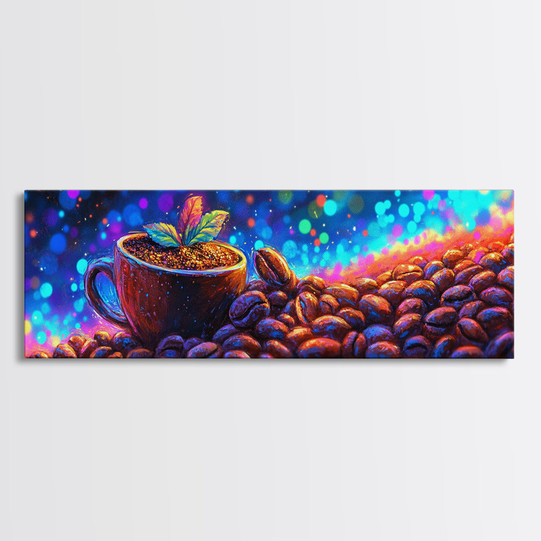 Coffee Beans And Sprout In Glowing Cup Canvas Print, Coffee Bar Wall Art, Modern Kitchen Decor, Gift For Coffee Lover Home Decor