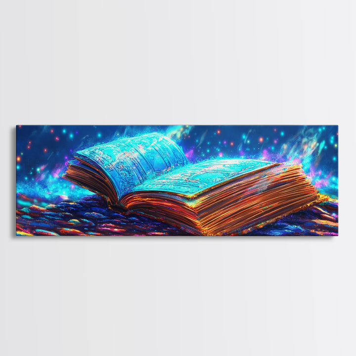 Glowing Open Book With Magical Blue Light Wall Art, Fantasy Library Canvas Print, Book Lover Decor, Dark Academia Gift For Readers